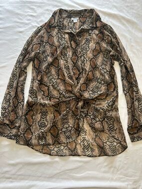 Noisy May, Sheer Brown & Black Snake Print Blouse with Tie Front